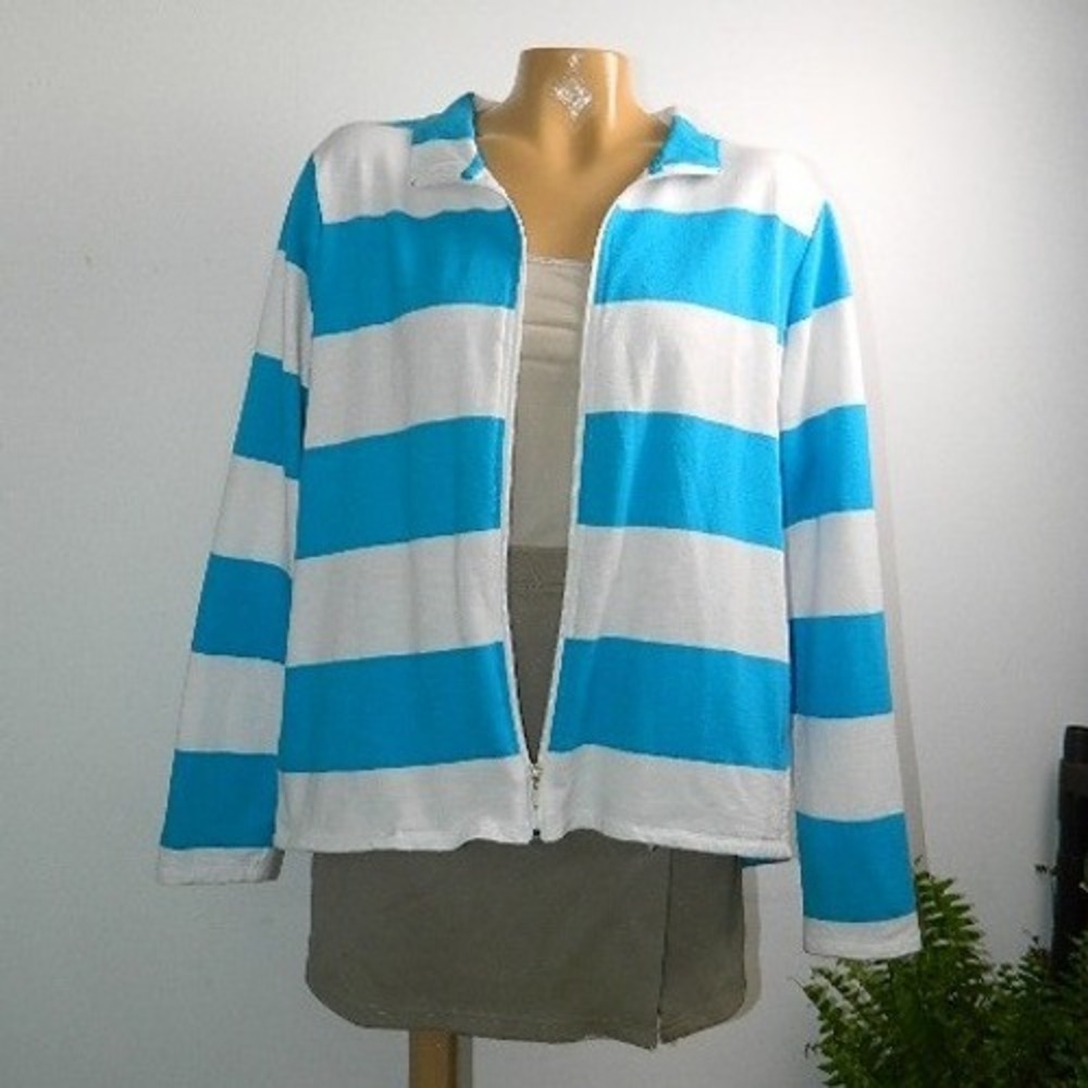 NYL New York Laundry Zip Jacket Womens XL Blue White Striped Athleisure Collared